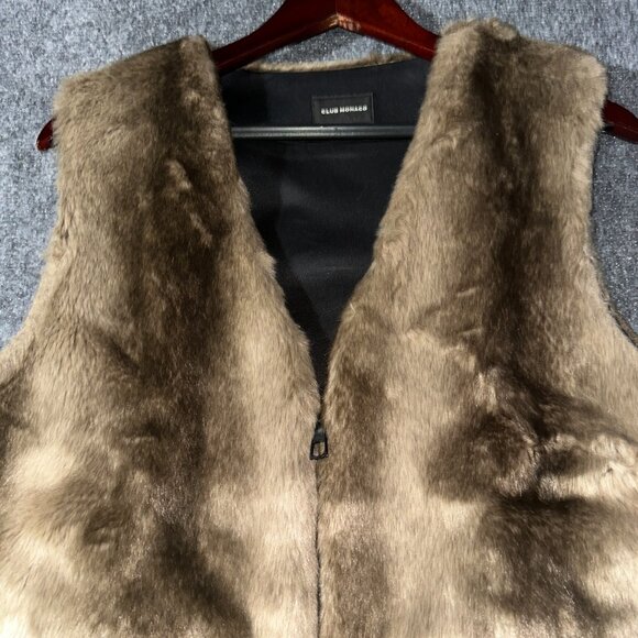 Club Monaco Vest Womens Medium Brown Faux Fur Zip Pockets Ribbed Hem Full Zip - Picture 3 of 7